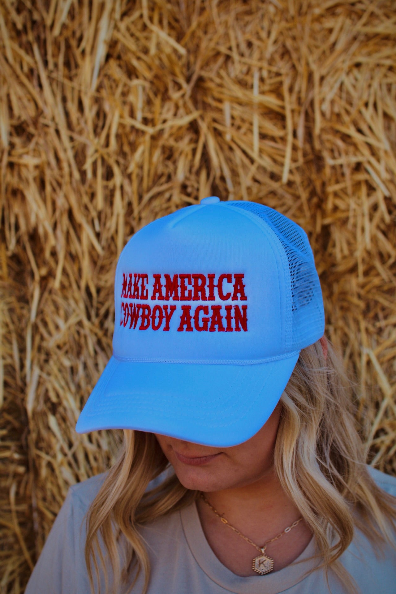 Make America Cowboy Again White Embroidered Trucker Hat