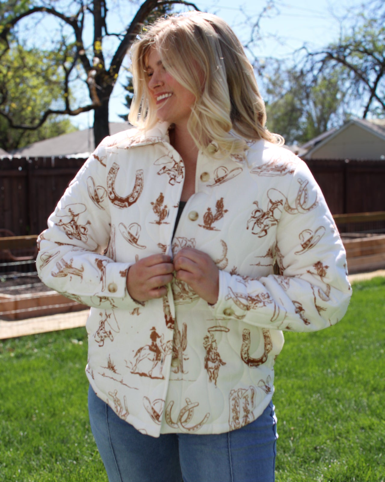 Vintage western print quilted coat for women