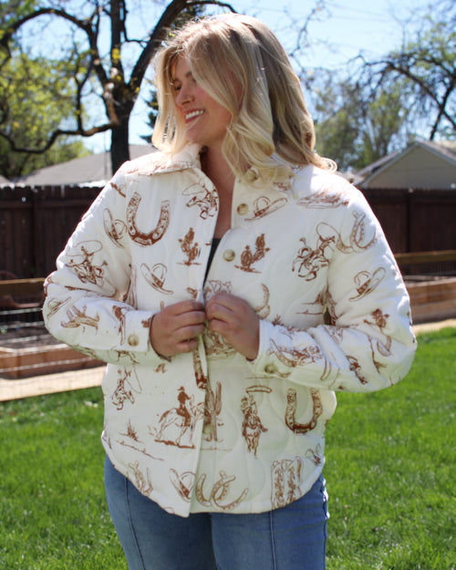 Vintage western print quilted coat for women