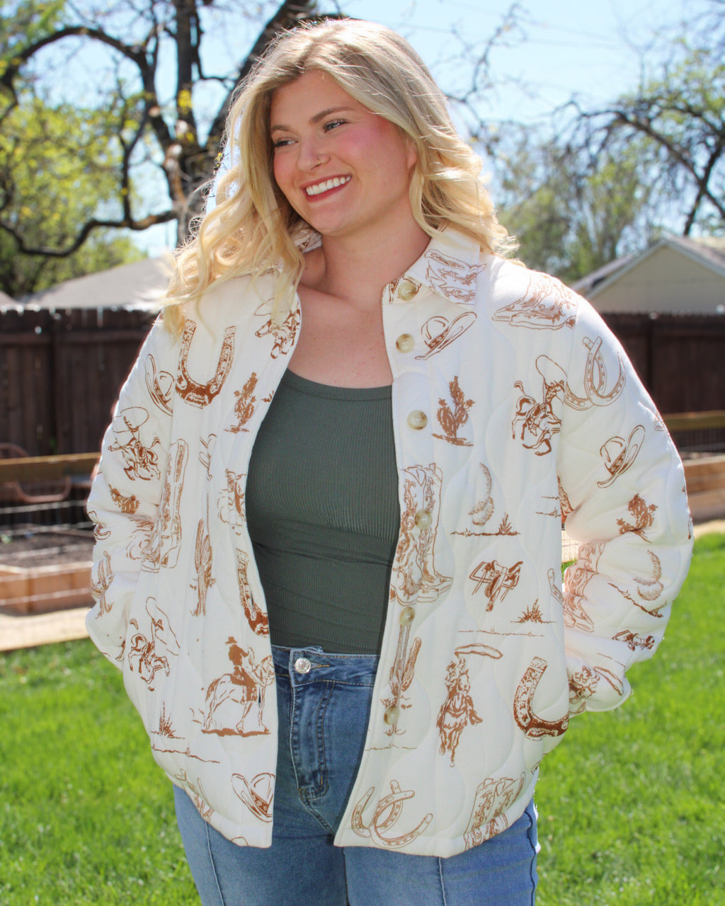 Vintage western print quilted coat for women