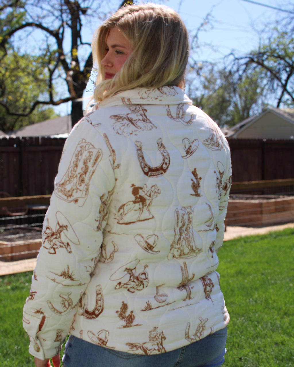 Vintage western print quilted coat for women