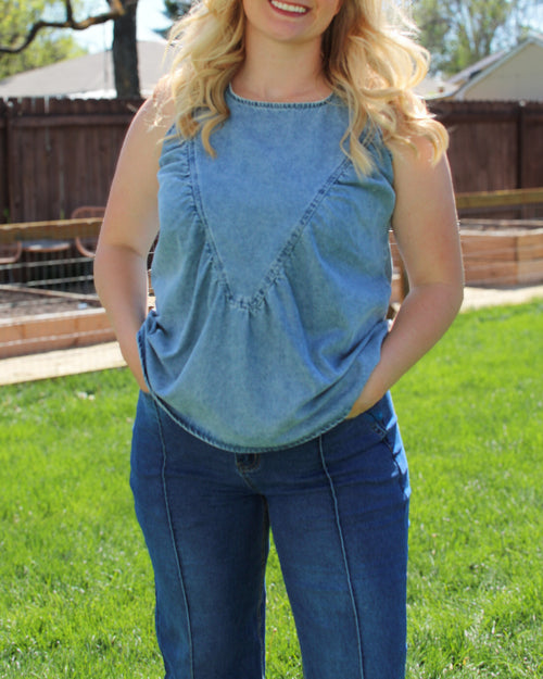 Heritage denim tank top with western feminine style and classic sleeveless fit