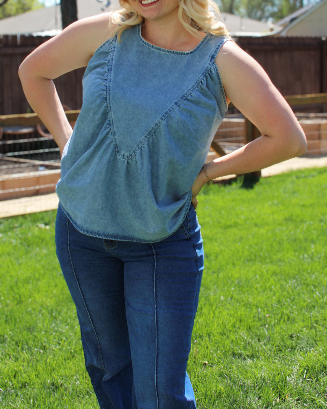 Heritage denim tank top with western feminine style and classic sleeveless fit