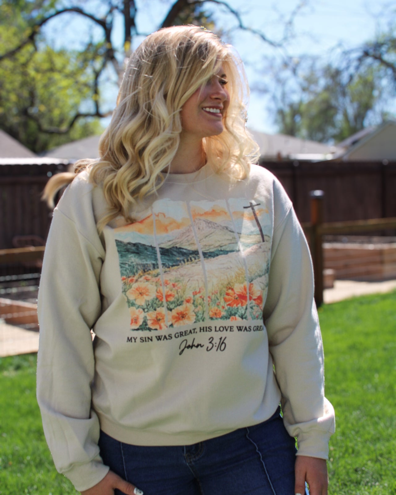 John 3:16 sweatshirt, Christian crewneck women, faith based clothing boutique, modest Christian sweatshirt, inspirational Bible verse sweatshirt, cozy Christian sweater, unisex faith apparel, scripture sweatshirt women, minimalist Christian clothing, soft fleece crewneck