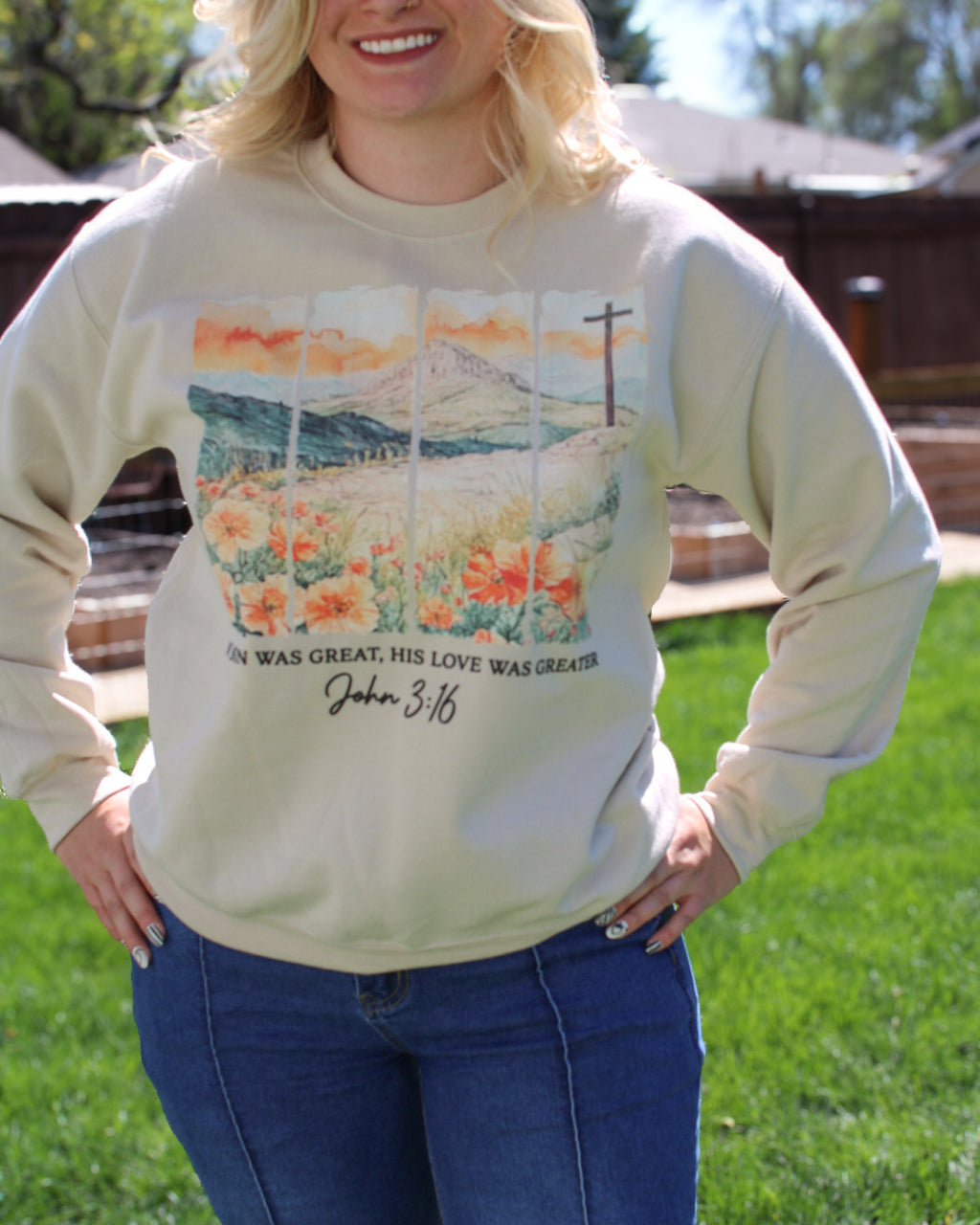 John 3:16 sweatshirt, Christian crewneck women, faith based clothing boutique, modest Christian sweatshirt, inspirational Bible verse sweatshirt, cozy Christian sweater, unisex faith apparel, scripture sweatshirt women, minimalist Christian clothing, soft fleece crewneck