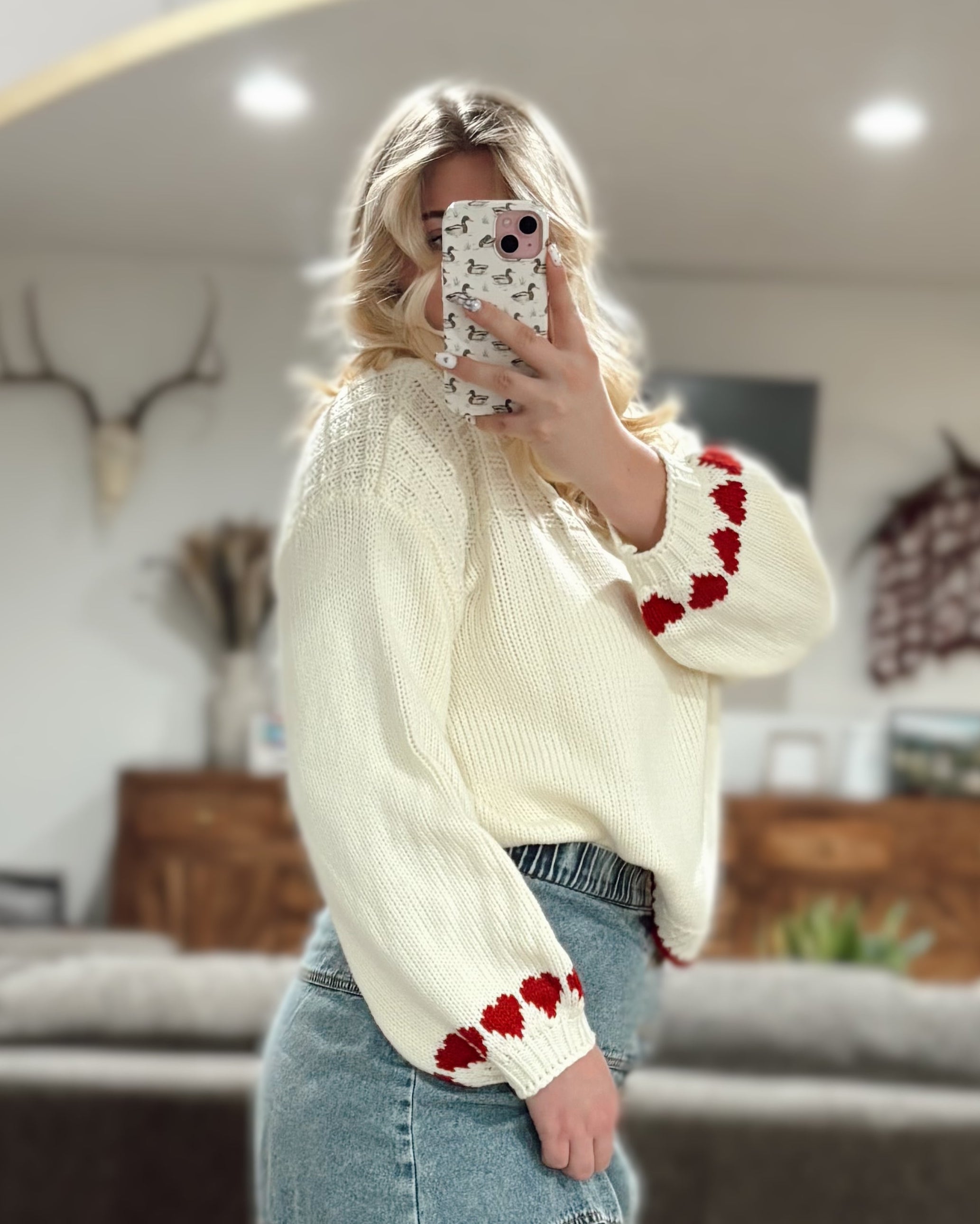 Soft knit cream and red accented heart sweater 