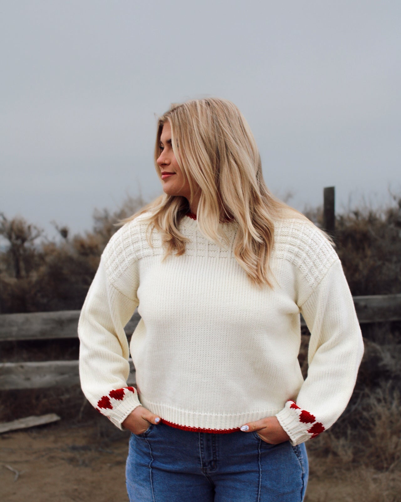 Soft knit cream and red accented heart sweater