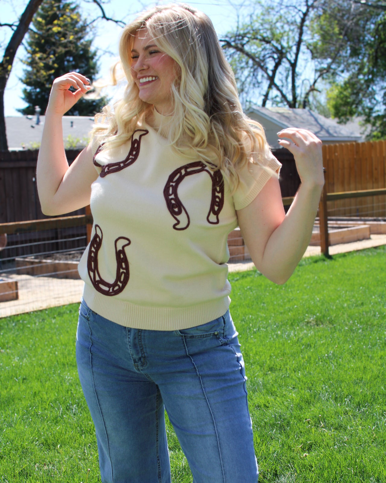 Lucky Trail western mock neck top with horseshoe pattern and feminine western style