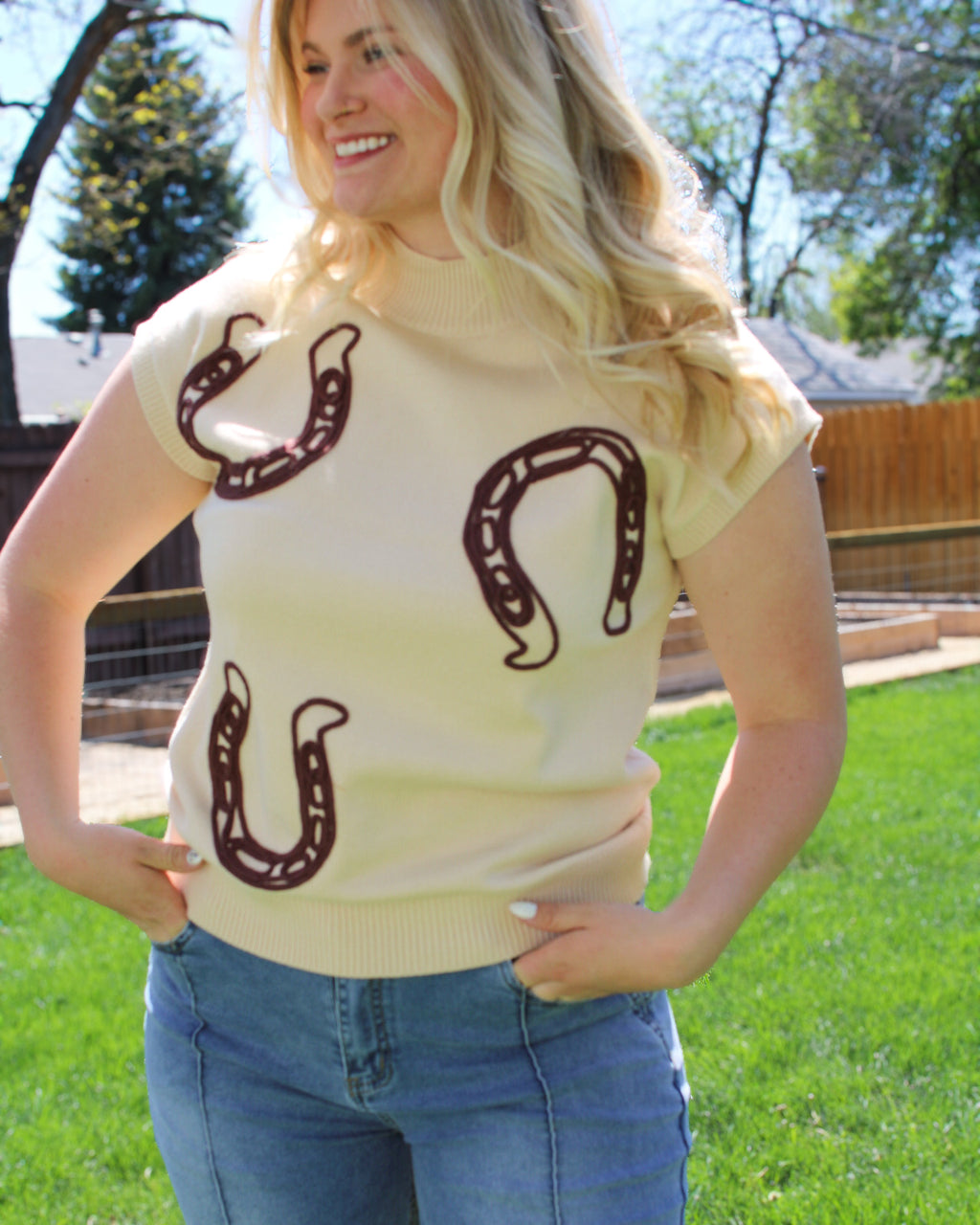 Lucky Trail western mock neck top with horseshoe pattern and feminine western style