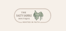 Logo of The Salty Saddle Boutique with a saddle icon on a beige background