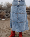 Long denim skirt, tiered denim patch design 