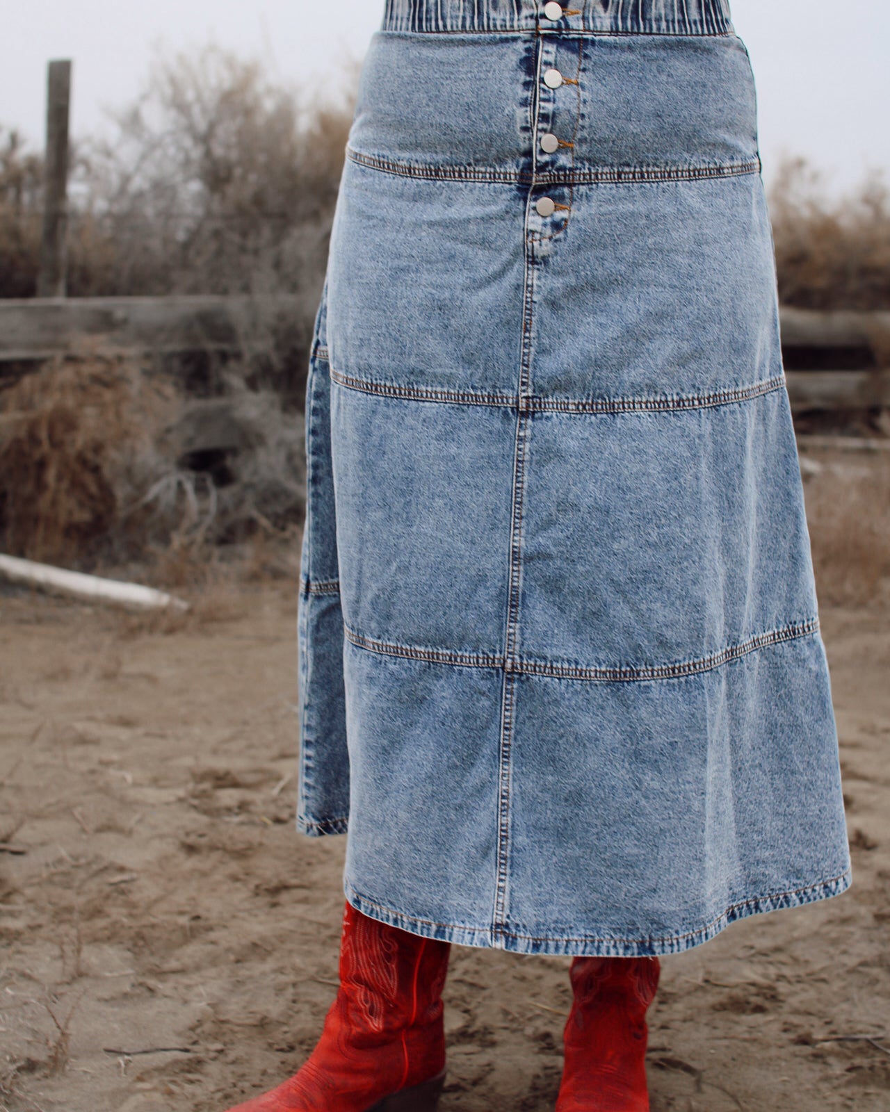 Long denim skirt, tiered denim patch design 