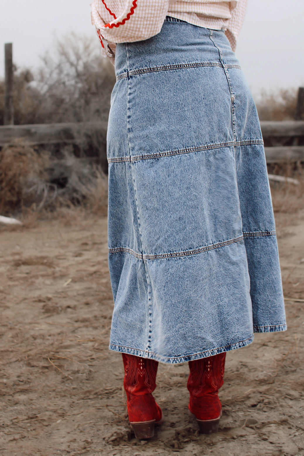 Long patched blue true grit denim skirt 