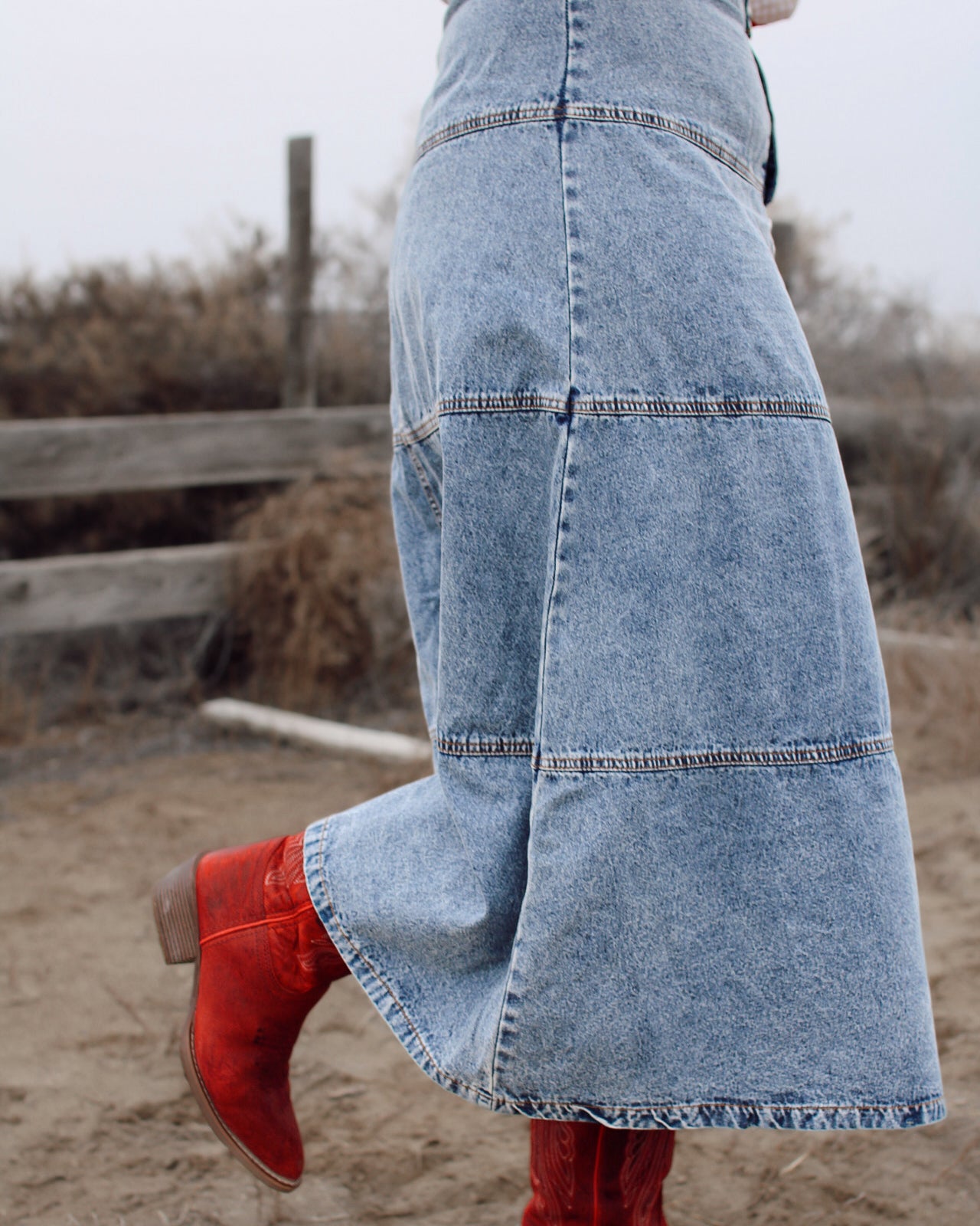 Long denim skirt, tiered denim patch design 