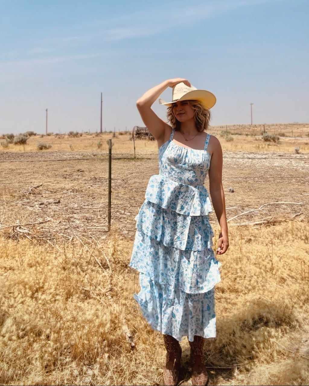 bluebell ruffle midi dress western feminine