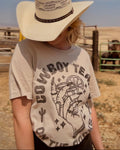 Tan western graphic tee with cowboy tears on the rocks whiskey glass country graphic shirt