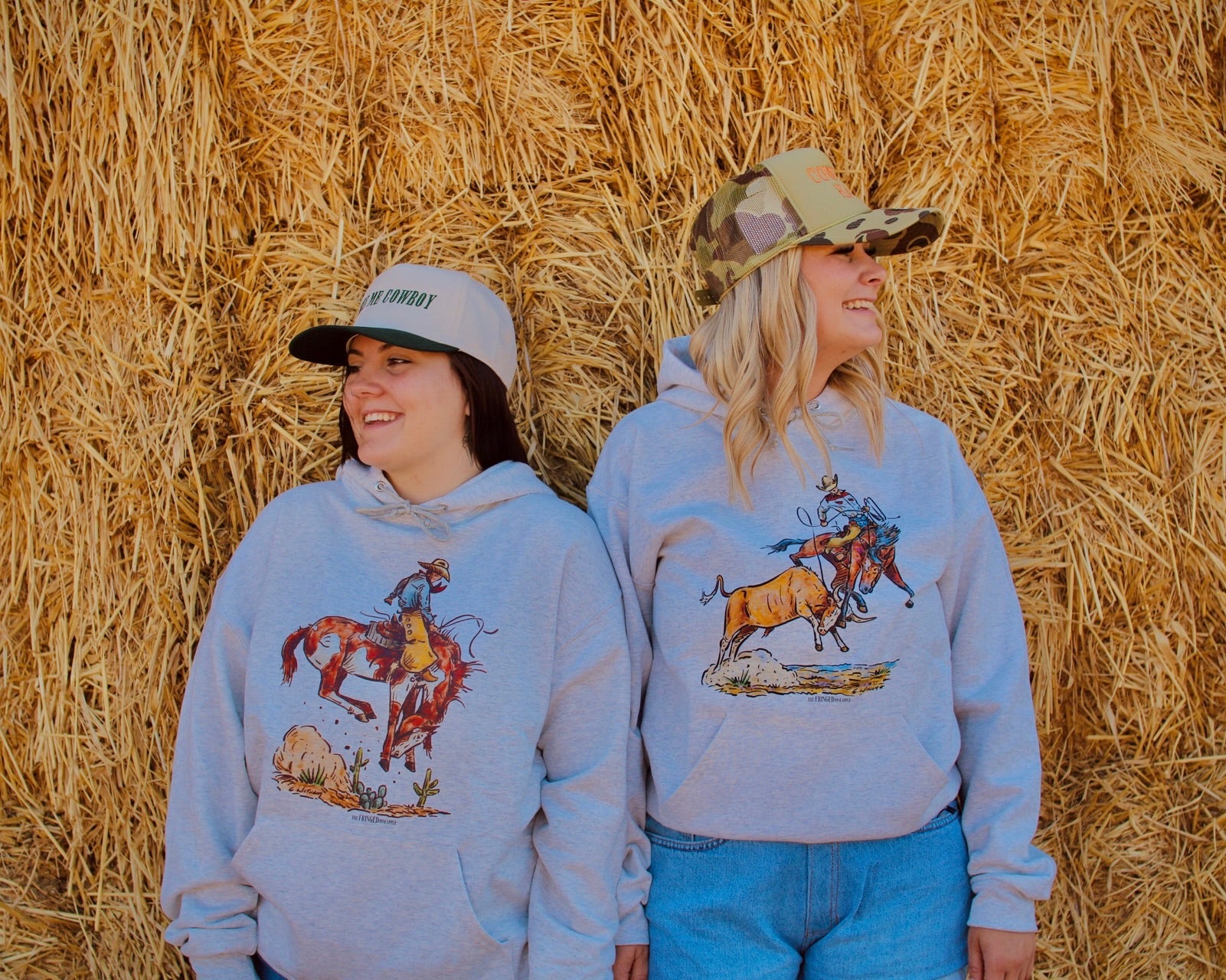 Grey unisex western hoodie with cowboy roping calf graphic rodeo style sweatshirt