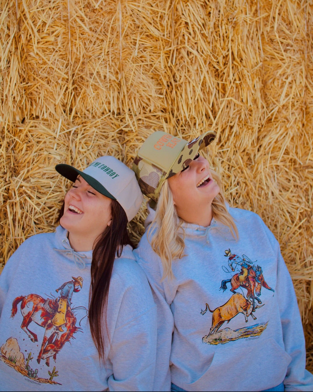 Grey unisex western hoodie with cowboy roping calf graphic rodeo style sweatshirt