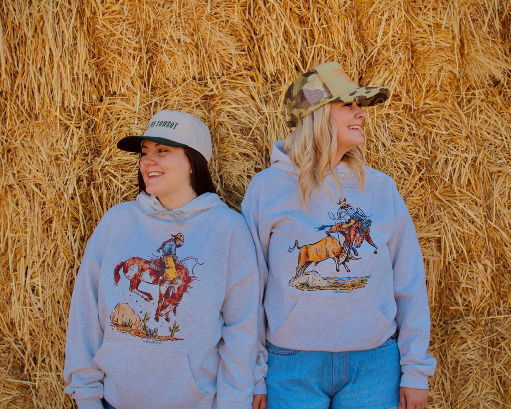 Grey unisex western hoodie with bucking horse and cowboy graphic rodeo style sweatshirt