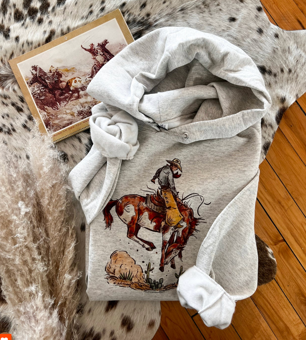 Grey unisex western hoodie with bucking horse and cowboy graphic rodeo style sweatshirt